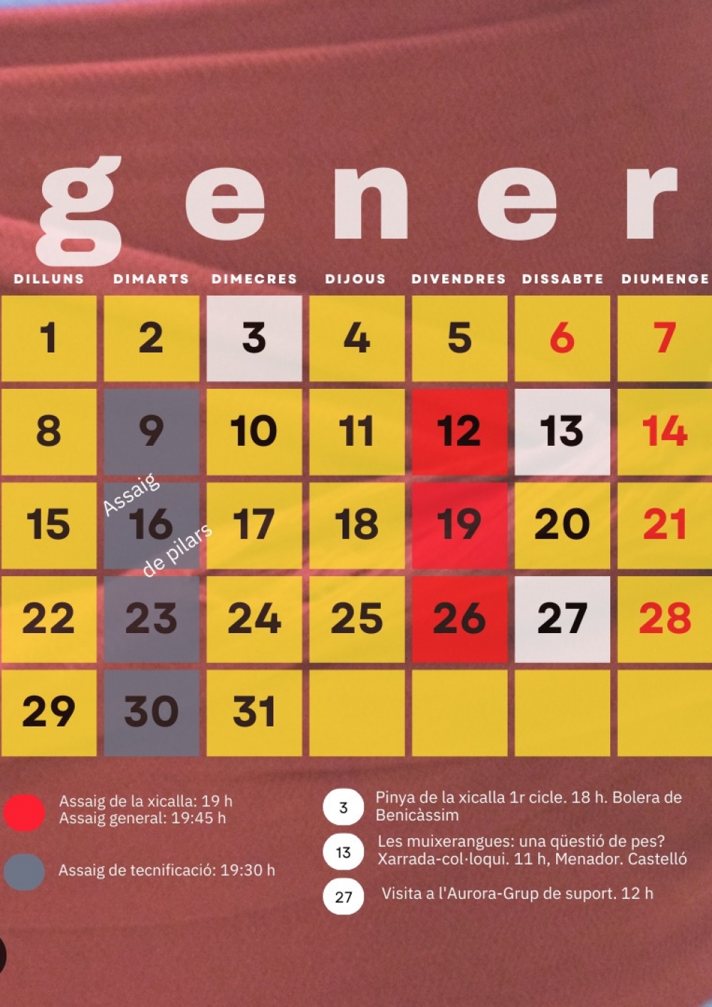 Calendari de gener d'assajos i activitats