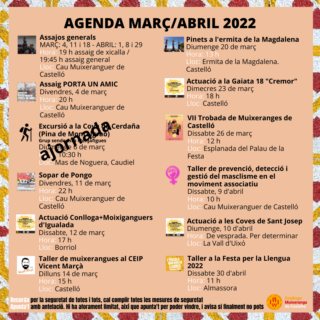 Agenda de mar&ccedil; i abril de 2022