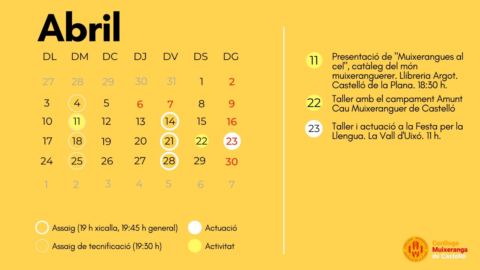 Calendari d'actuacions i activitats d'abril de 2023