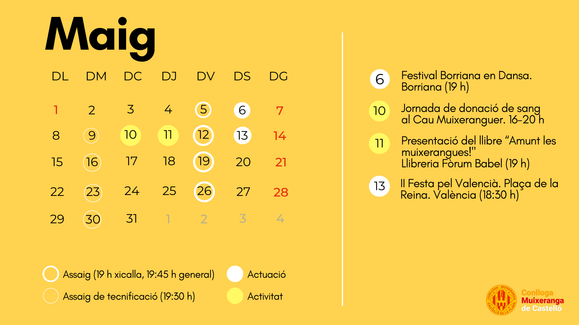 Calendari d'actuacions i activitats de maig